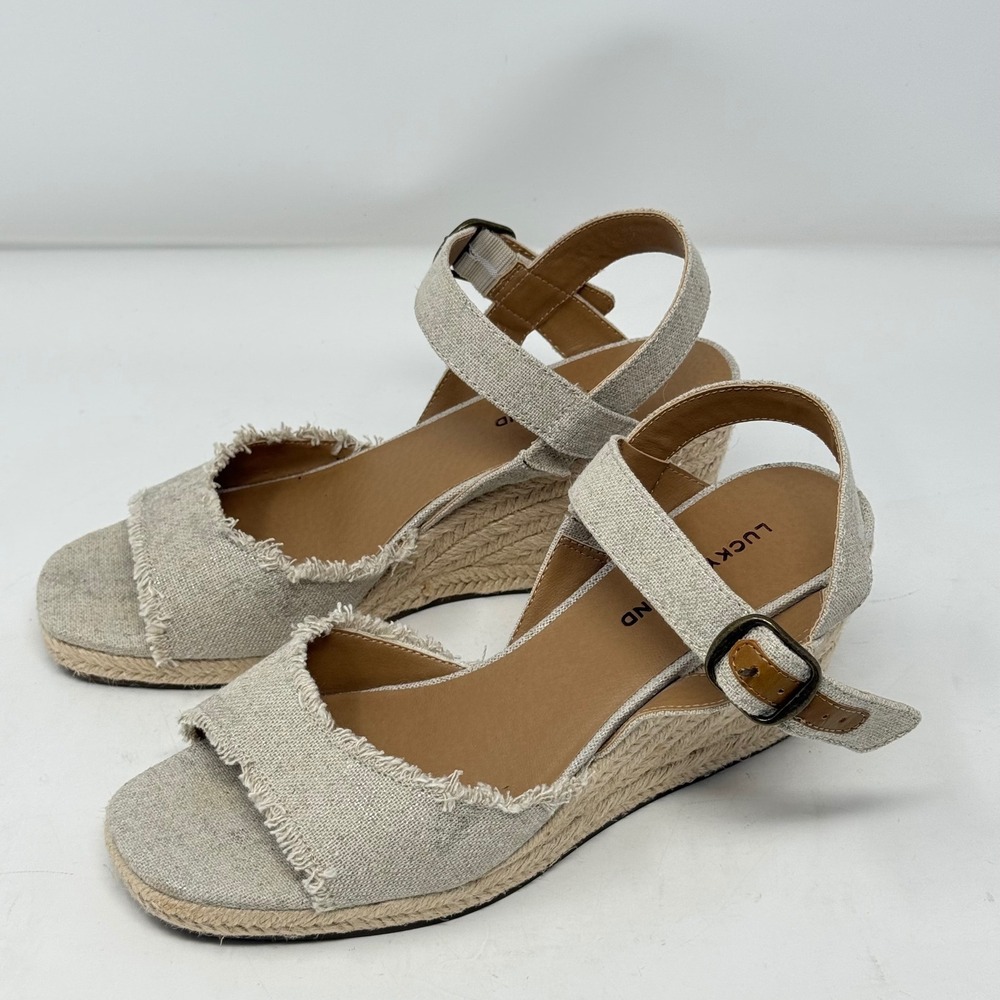 Lucky Brand Minor Espadrille Wedge Sandals 7M Beige Canvas Frayed Boho Summer
